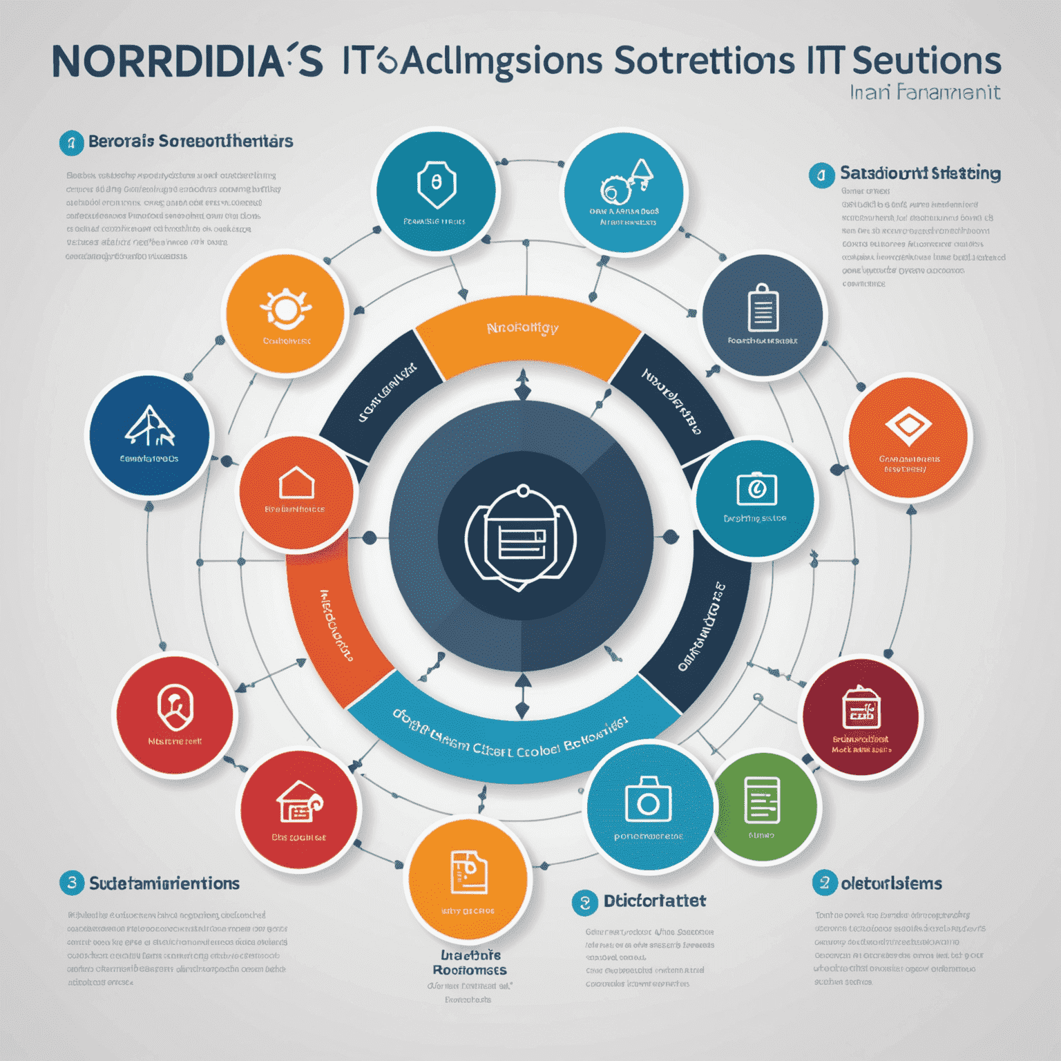 Infografiikka, joka esittelee Nordiakin IT-ratkaisujen avainominaisuuksia ja etuja. Kuvassa on visualisoitu prosessien virtaviivaistaminen, kyberturvallisuuden parantaminen ja digitaalisten työkalujen hyödyntäminen käyttäen Nordiakin väripalettia.