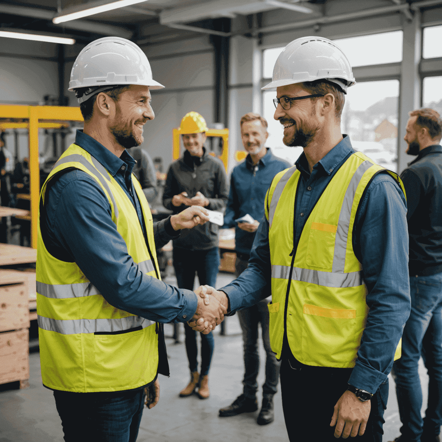 Tyytyväinen asiakas kättelee Nordiakin projektipäällikköä onnistuneen projektin päätteeksi. Taustalla näkyy tiimi juhlistamassa saavutusta.